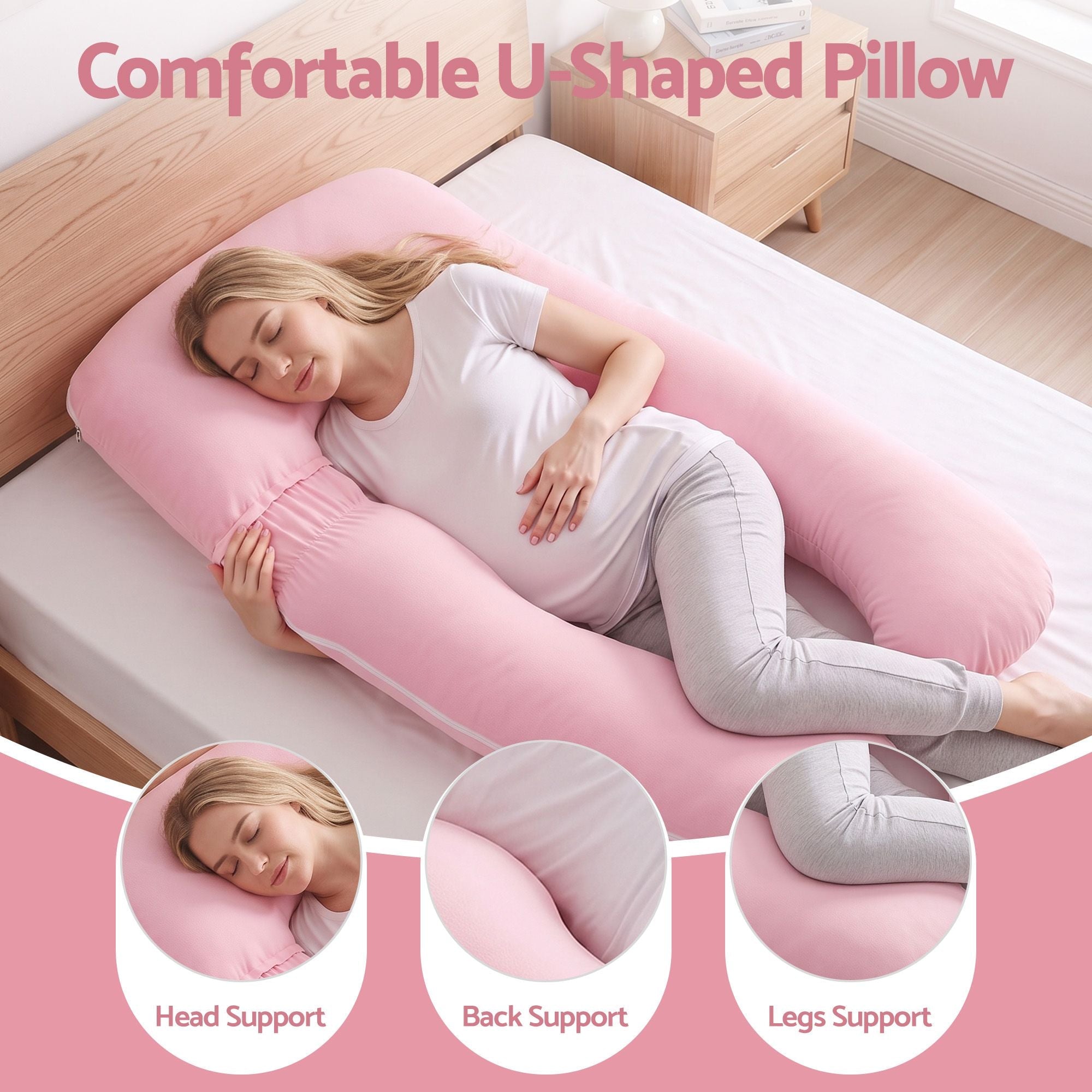 U Shaped Pregnancy Full Body Pillow 73x133cm with 100% Cotton Jersey Cover - Pink - Home & Garden > Bedding > Pillows - Rivercity House & Home Co. (ABN 18 642 972 209) - Affordable Modern Furniture Australia