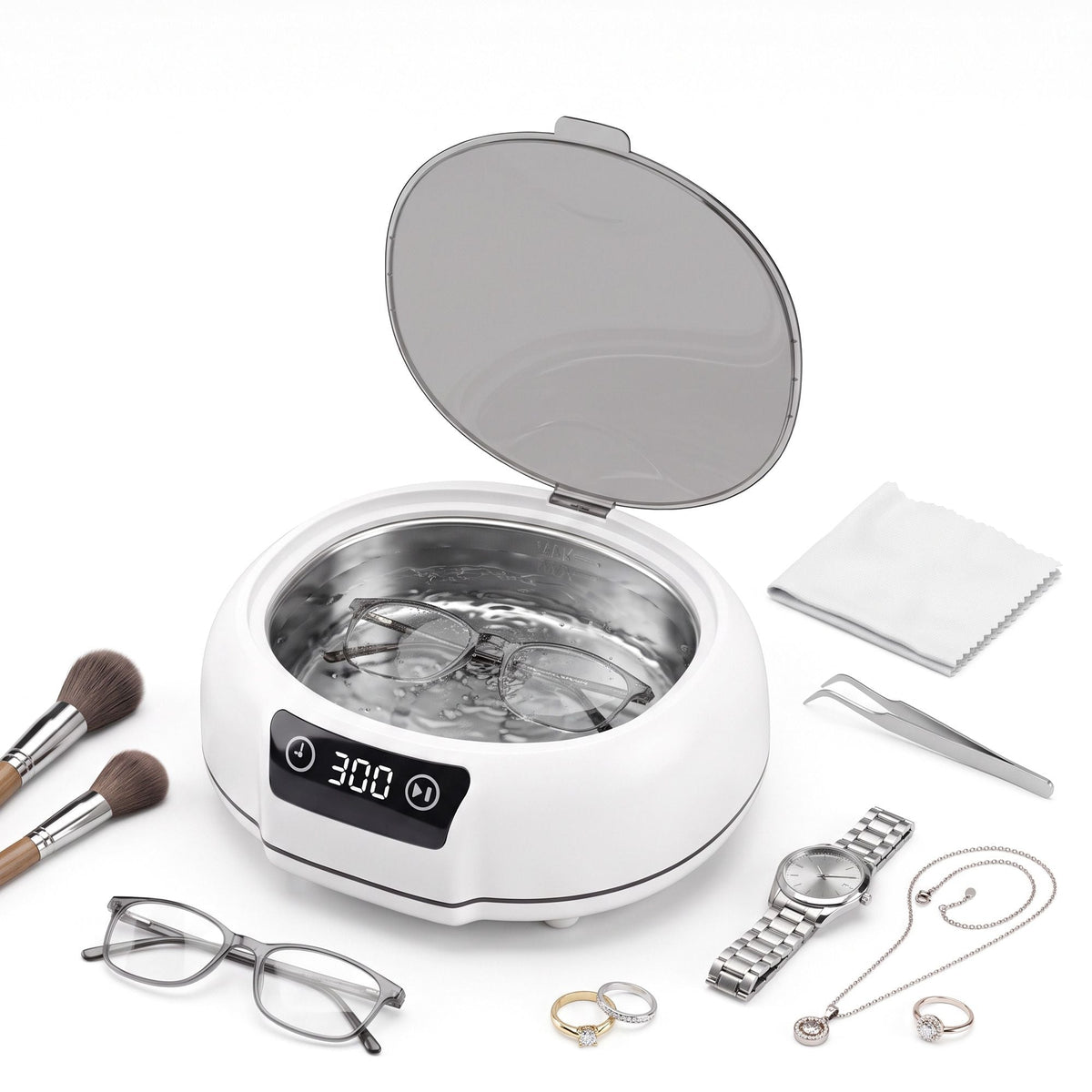 Ultrasonic Jewellery Cleaner 700mL with Stainless Steel Tank, 48kHz - White - Appliances > Other Cleaning Appliances > Jewellery Cleaners - Rivercity House & Home Co. (ABN 18 642 972 209) - Affordable Modern Furniture Australia