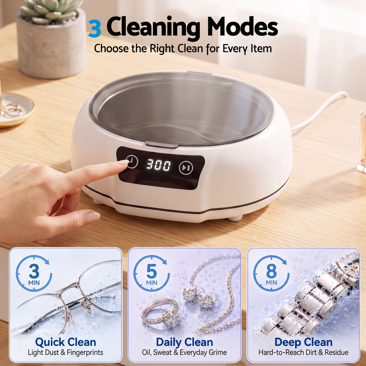 Ultrasonic Jewellery Cleaner 700mL with Stainless Steel Tank, 48kHz - White - Appliances > Other Cleaning Appliances > Jewellery Cleaners - Rivercity House & Home Co. (ABN 18 642 972 209) - Affordable Modern Furniture Australia