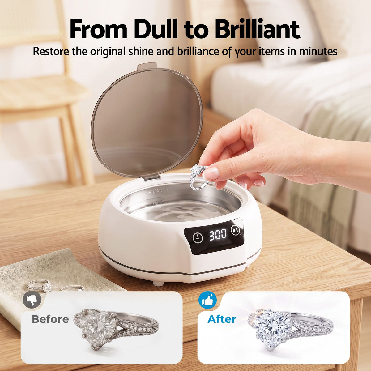Ultrasonic Jewellery Cleaner 700mL with Stainless Steel Tank, 48kHz - White - Appliances > Other Cleaning Appliances > Jewellery Cleaners - Rivercity House & Home Co. (ABN 18 642 972 209) - Affordable Modern Furniture Australia