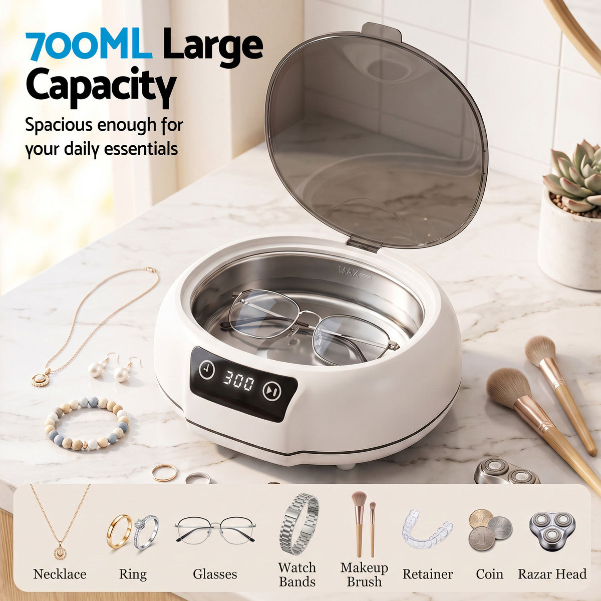 Ultrasonic Jewellery Cleaner 700mL with Stainless Steel Tank, 48kHz - White - Appliances > Other Cleaning Appliances > Jewellery Cleaners - Rivercity House & Home Co. (ABN 18 642 972 209) - Affordable Modern Furniture Australia