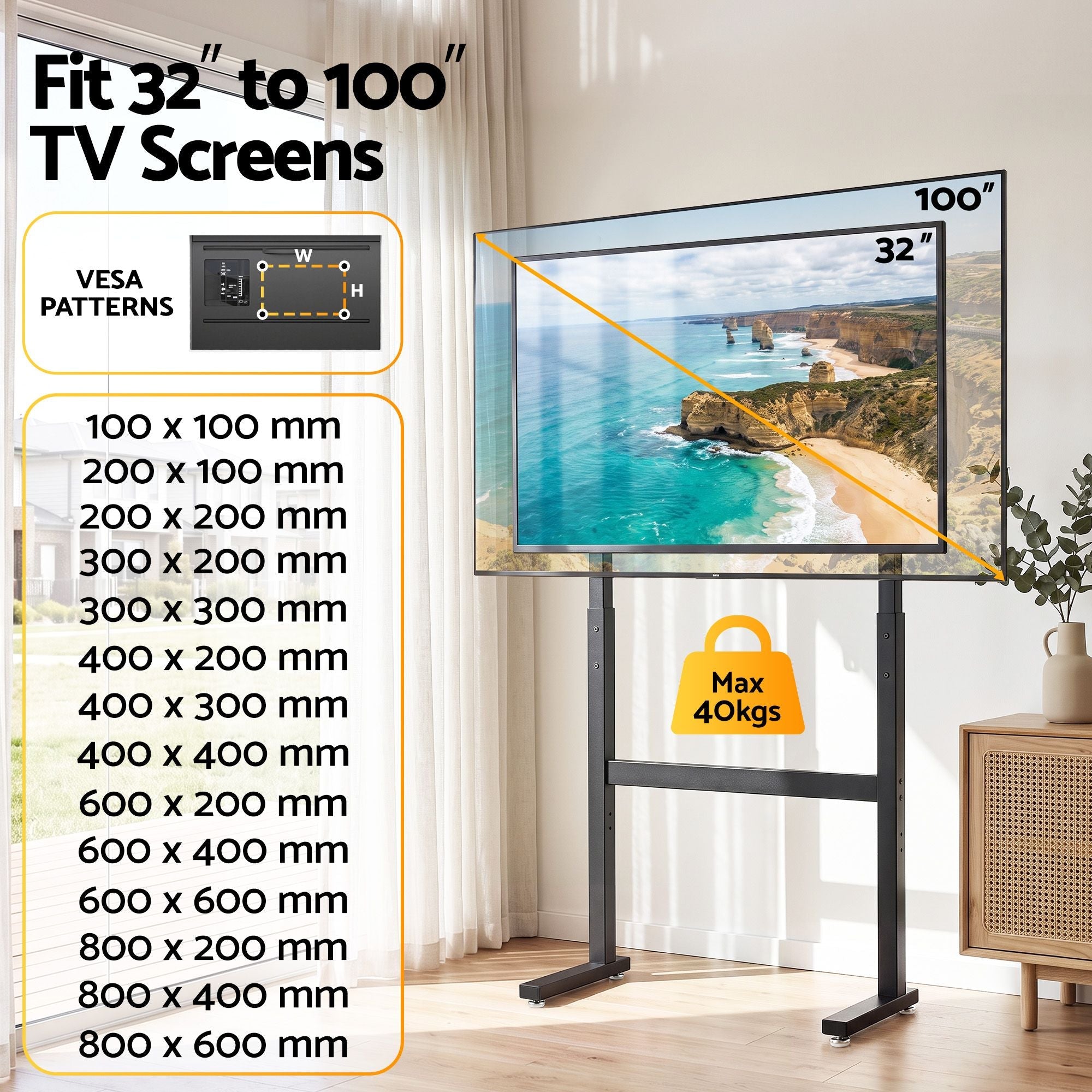 Universal Floor TV Stand for 32-100 Inch Screens with 40kg Capacity - Black - Appliances > TV > TVs & Accessories - Rivercity House & Home Co. (ABN 18 642 972 209) - Affordable Modern Furniture Australia