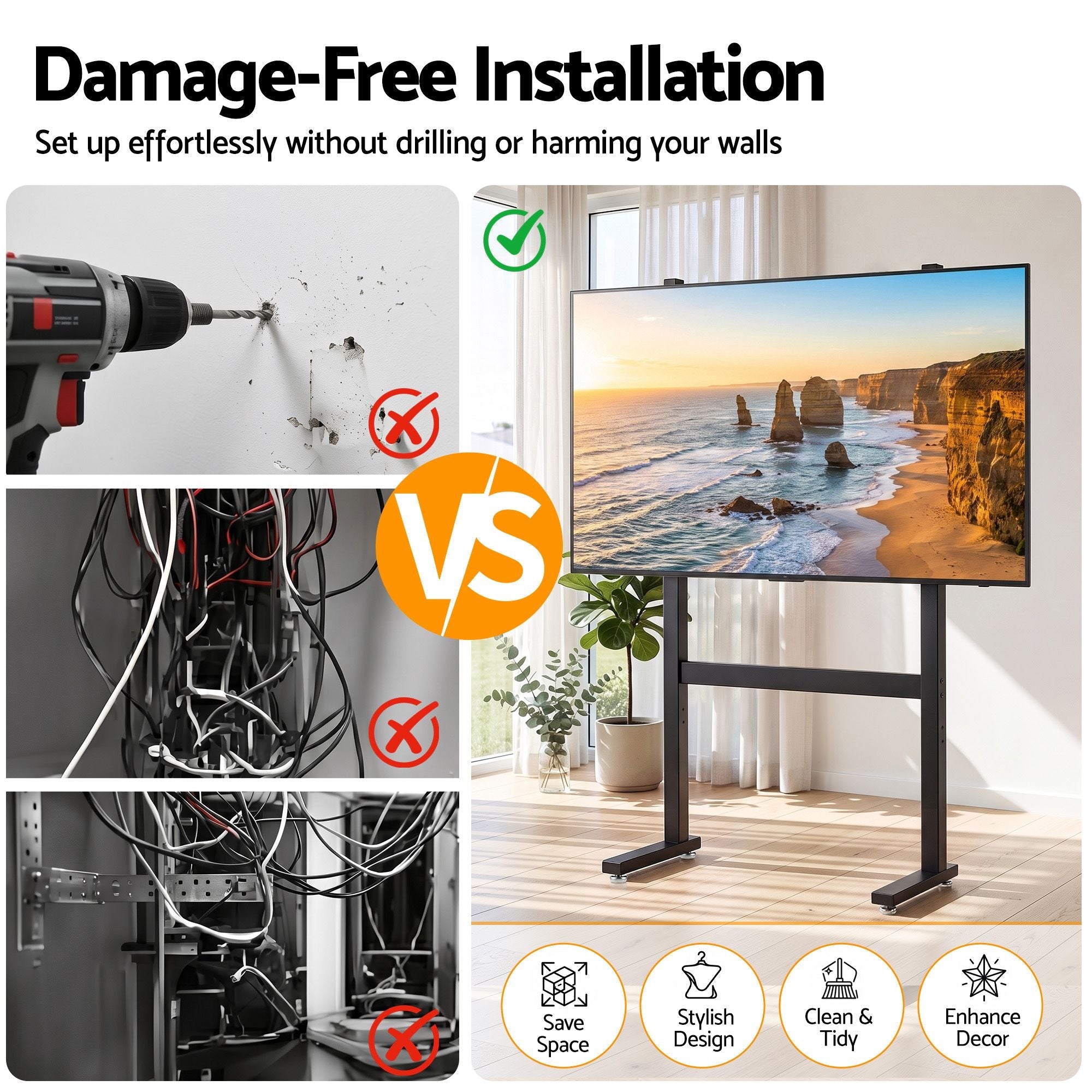 Universal Floor TV Stand for 32-100 Inch Screens with 40kg Capacity - Black - Appliances > TV > TVs & Accessories - Rivercity House & Home Co. (ABN 18 642 972 209) - Affordable Modern Furniture Australia