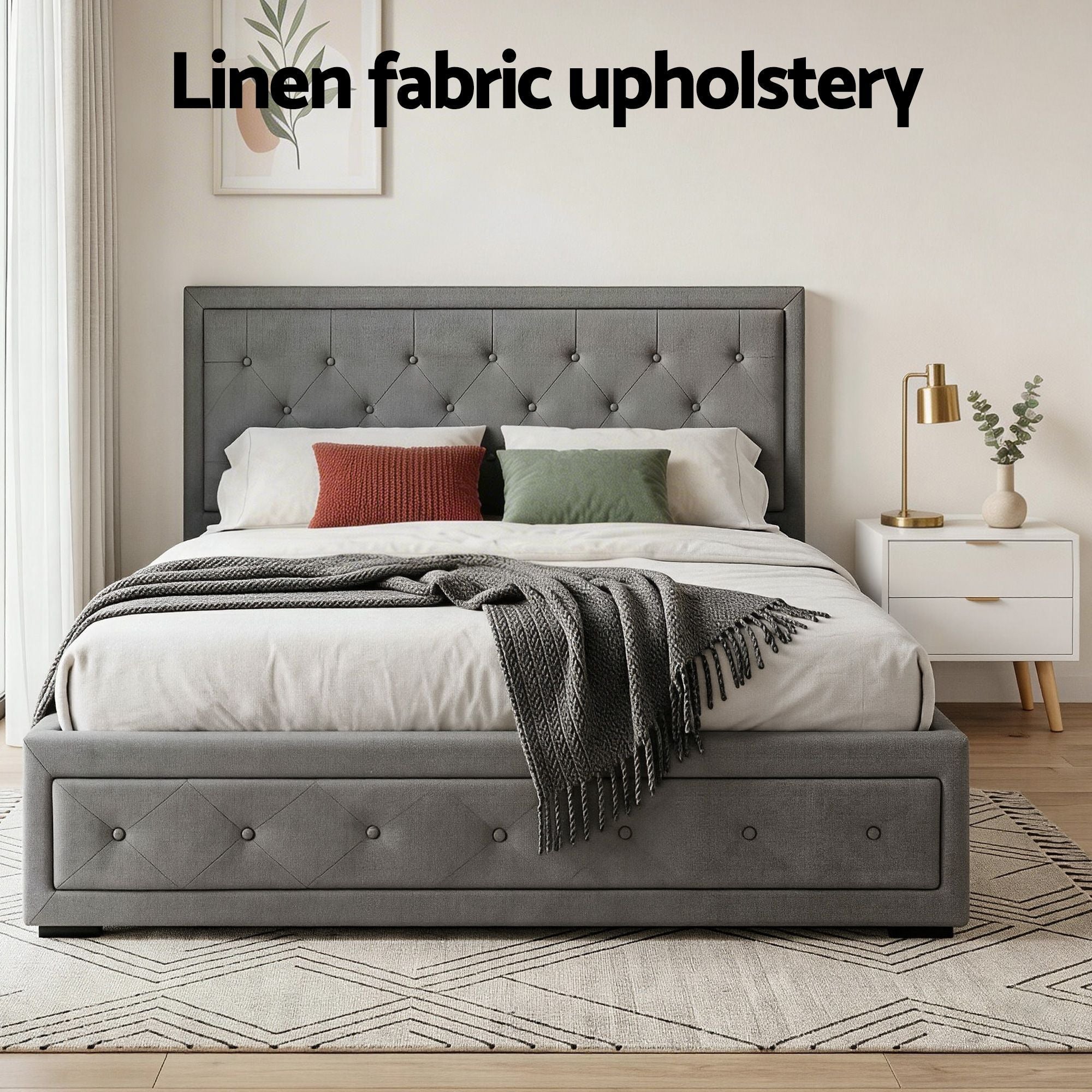 Upholstered Queen Gas Lift Storage Bed Frame with 2 - Drawer Bedside Table Set - Furniture > Bedroom > Beds & Bed Frames - Rivercity House & Home Co. (ABN 18 642 972 209) - Affordable Modern Furniture Australia