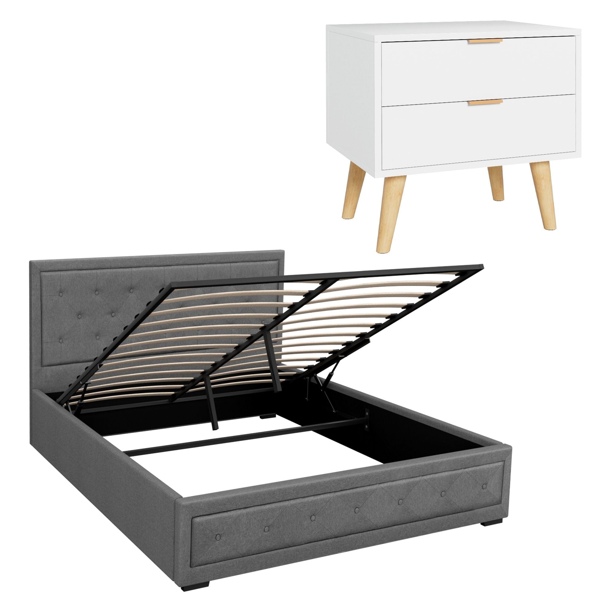 Upholstered Queen Gas Lift Storage Bed Frame with 2 - Drawer Bedside Table Set - Furniture > Bedroom > Beds & Bed Frames - Rivercity House & Home Co. (ABN 18 642 972 209) - Affordable Modern Furniture Australia