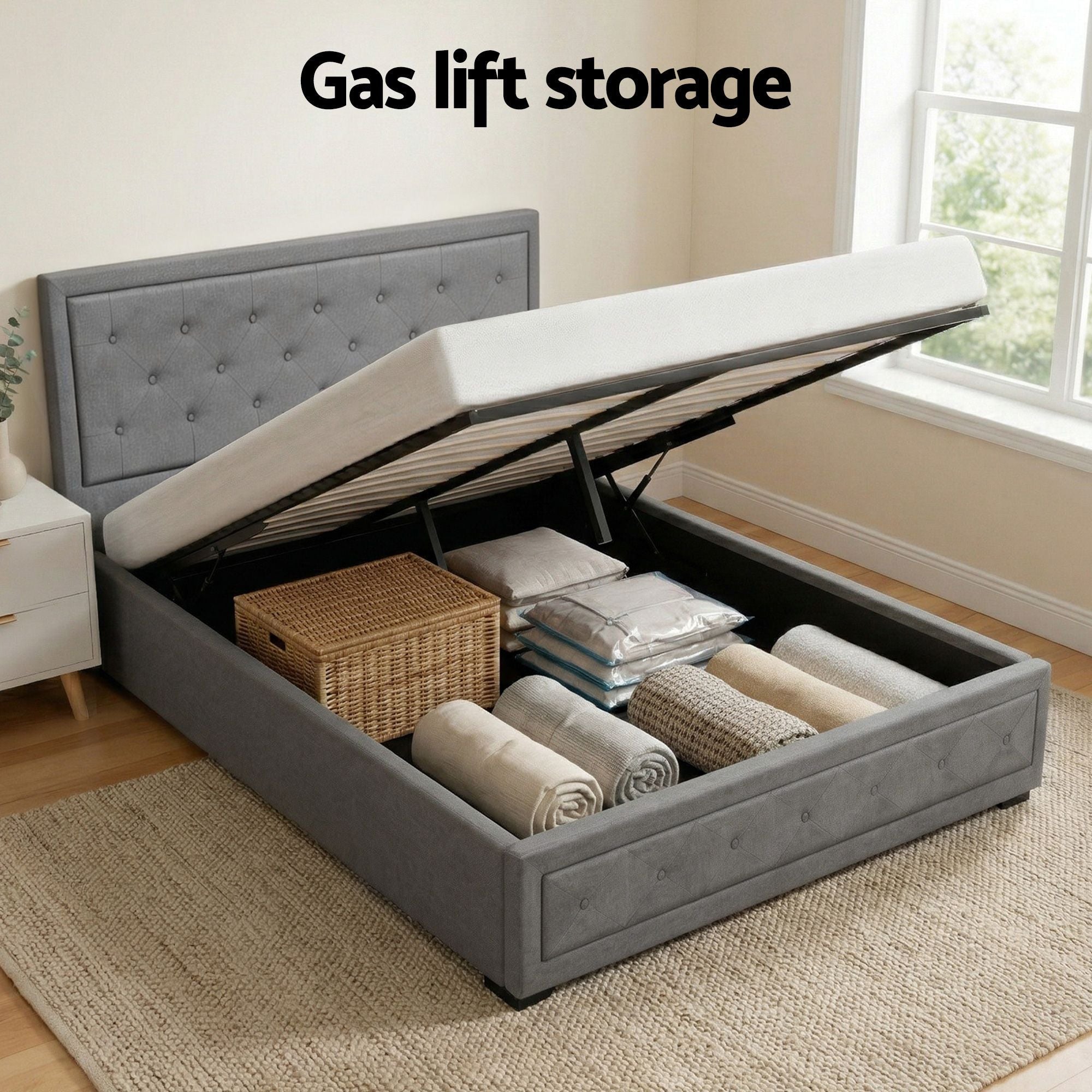 Upholstered Queen Gas Lift Storage Bed Frame with 2 - Drawer Bedside Table Set - Furniture > Bedroom > Beds & Bed Frames - Rivercity House & Home Co. (ABN 18 642 972 209) - Affordable Modern Furniture Australia