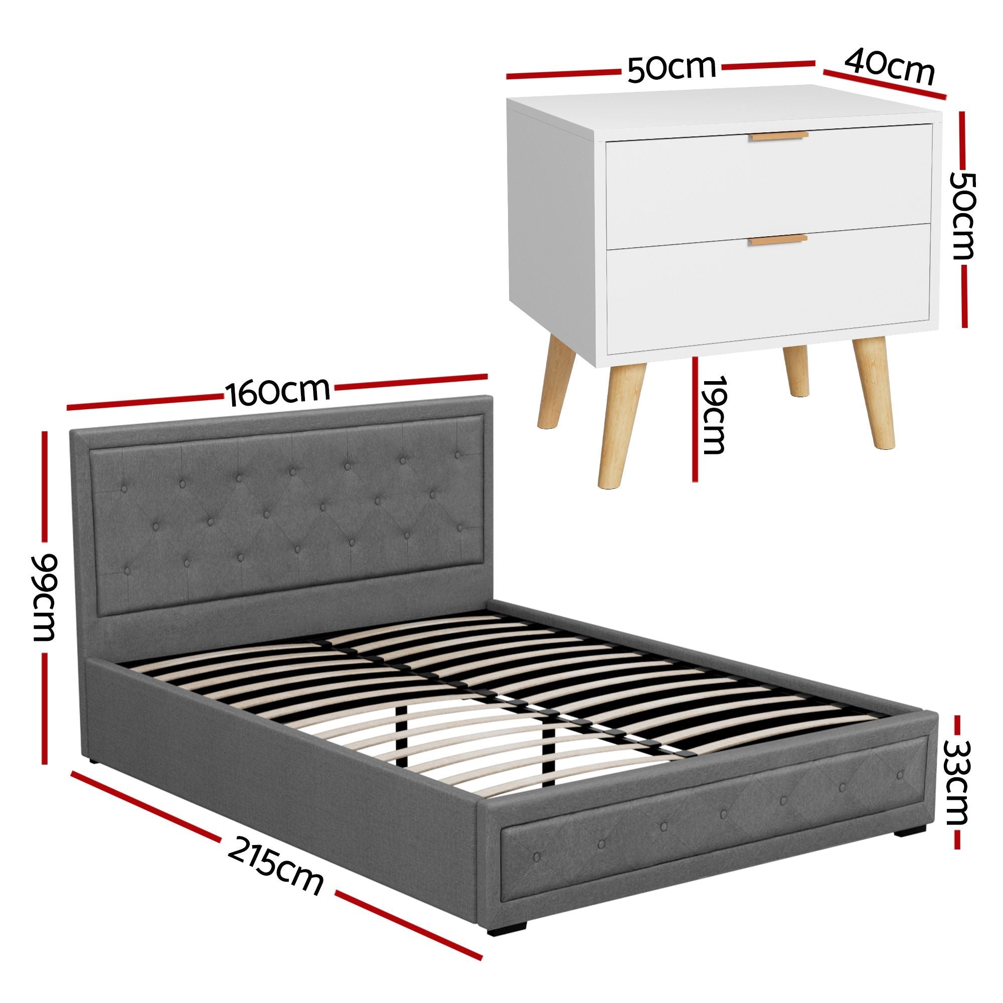 Upholstered Queen Gas Lift Storage Bed Frame with 2 - Drawer Bedside Table Set - Furniture > Bedroom > Beds & Bed Frames - Rivercity House & Home Co. (ABN 18 642 972 209) - Affordable Modern Furniture Australia