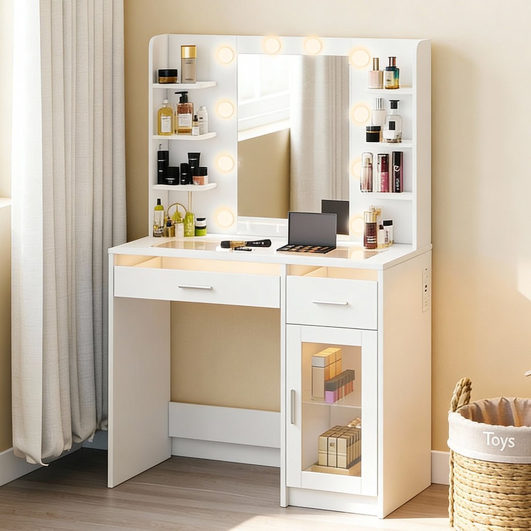 Vanity Desk with LED Makeup Mirror and Storage Dressing Table - White - Rivercity House & Home Co. (ABN 18 642 972 209) - Affordable Modern Furniture Australia