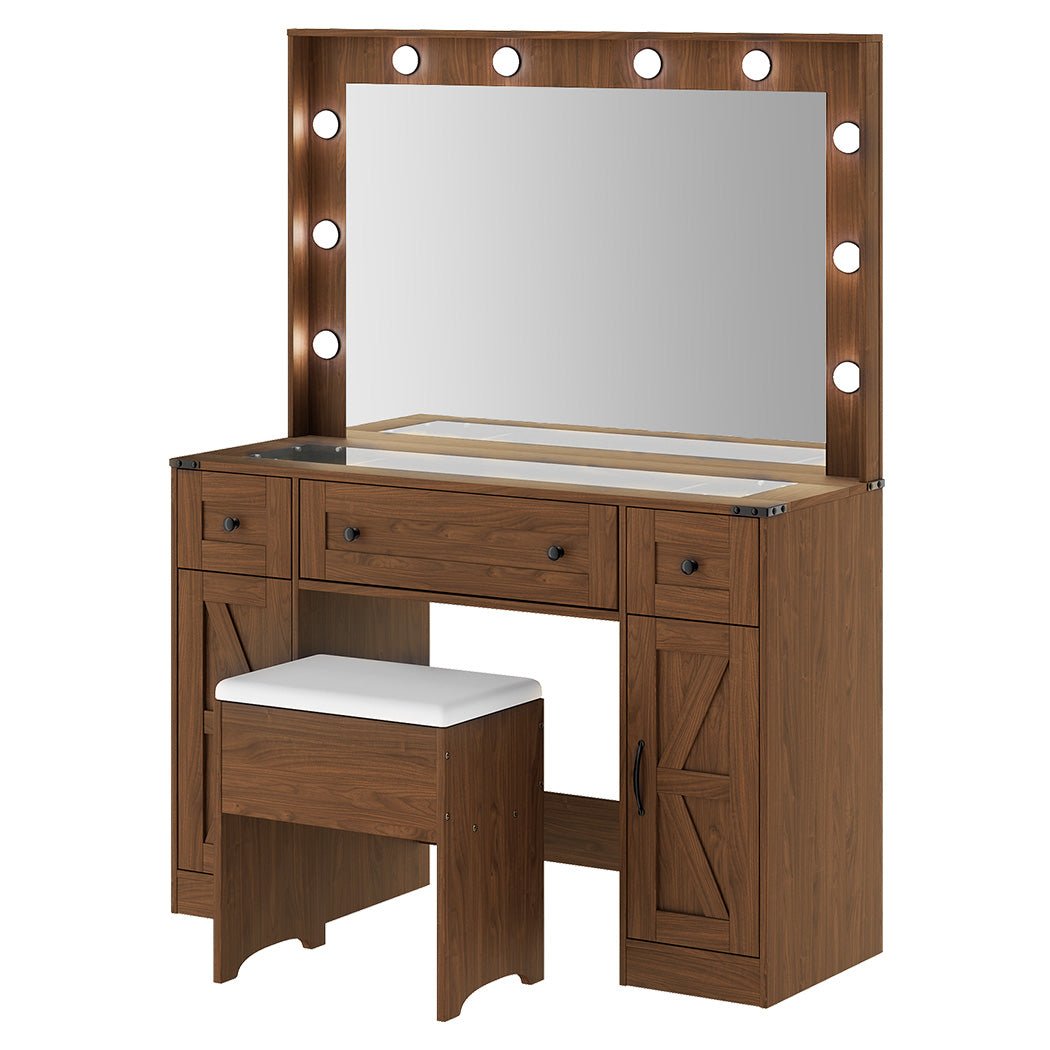 Vanity Dressing Table with LED Makeup Mirror, 3 Drawers & Stool - Vintage Brown - Rivercity House & Home Co. (ABN 18 642 972 209) - Affordable Modern Furniture Australia