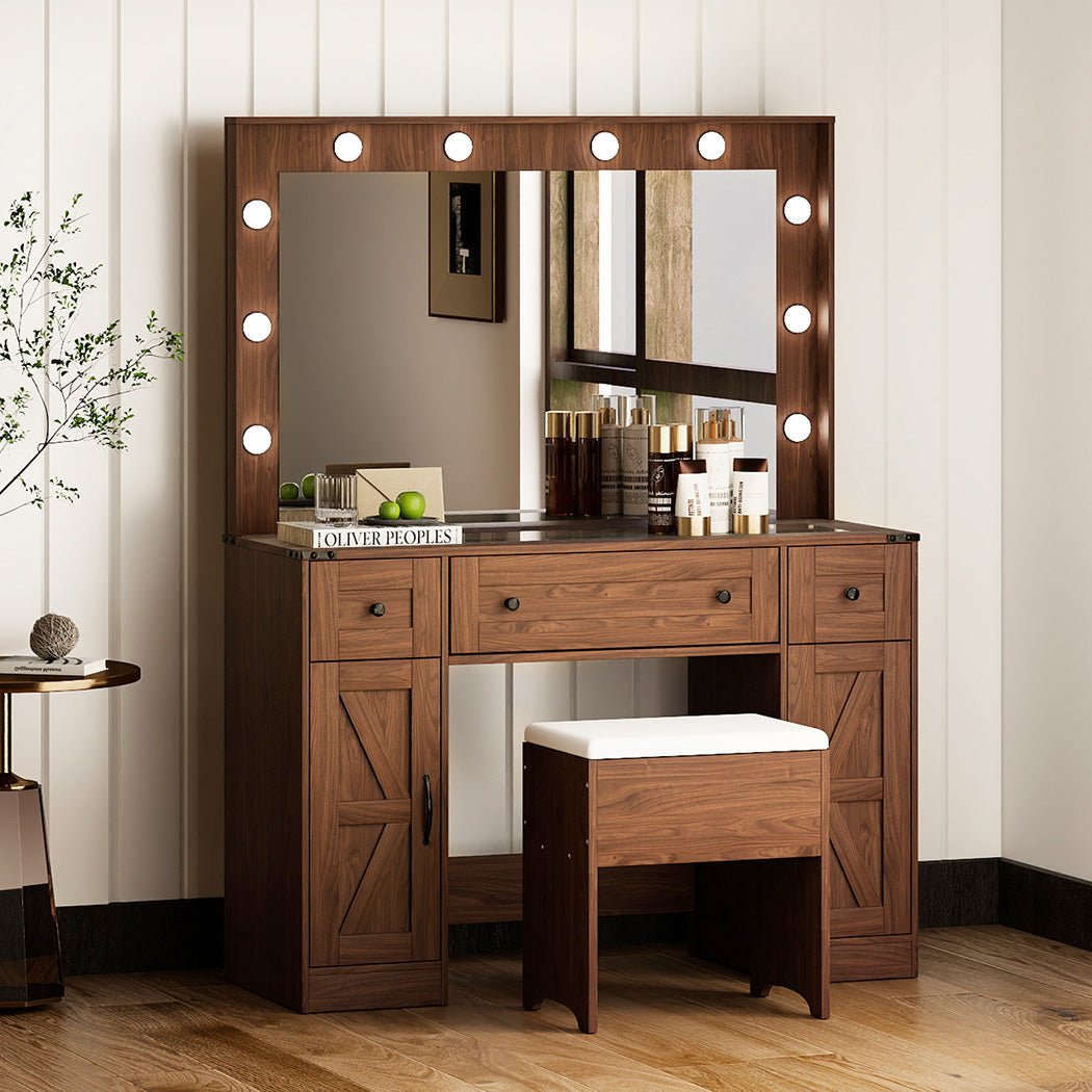 Vanity Dressing Table with LED Makeup Mirror, 3 Drawers & Stool - Vintage Brown - Rivercity House & Home Co. (ABN 18 642 972 209) - Affordable Modern Furniture Australia