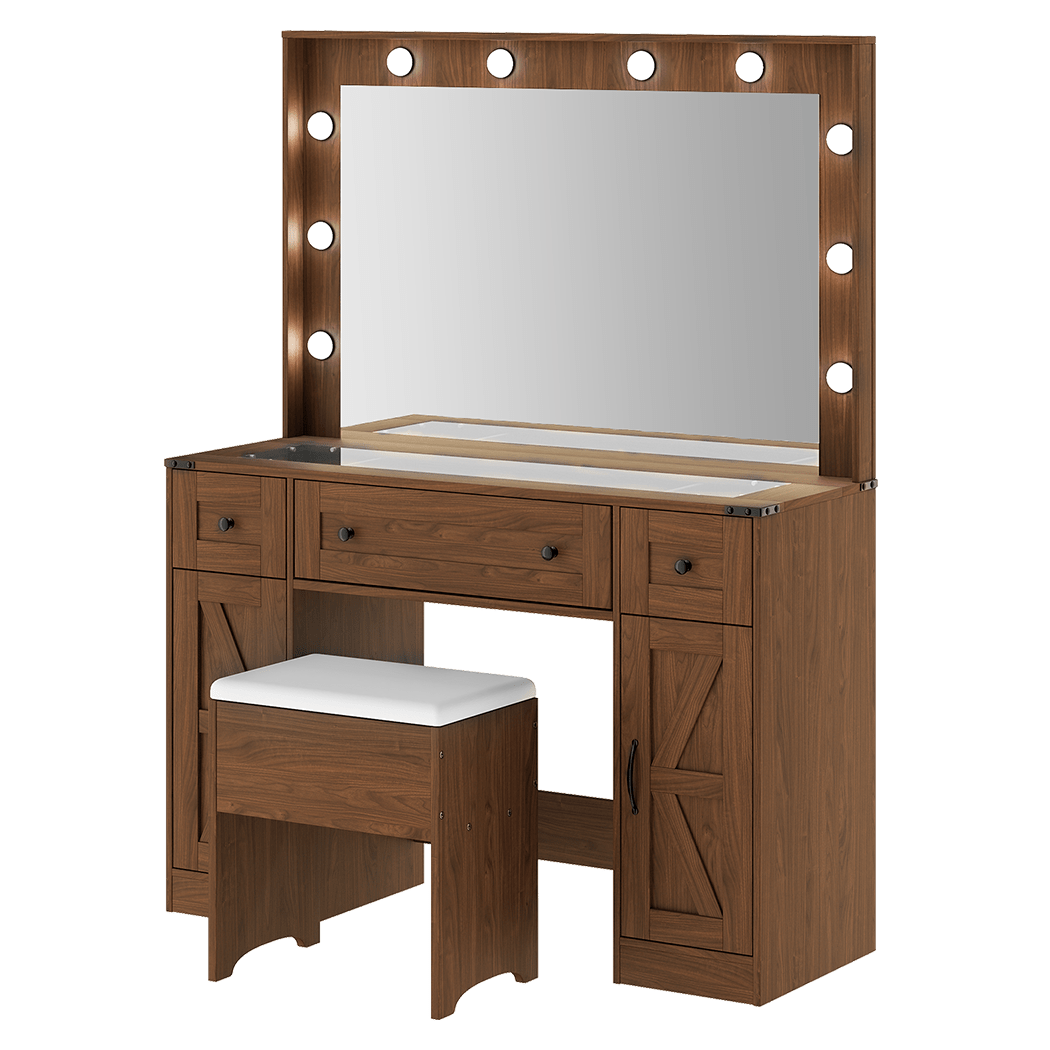 Vanity Dressing Table with LED Makeup Mirror, 3 Drawers & Stool - Vintage Brown - Rivercity House & Home Co. (ABN 18 642 972 209) - Affordable Modern Furniture Australia