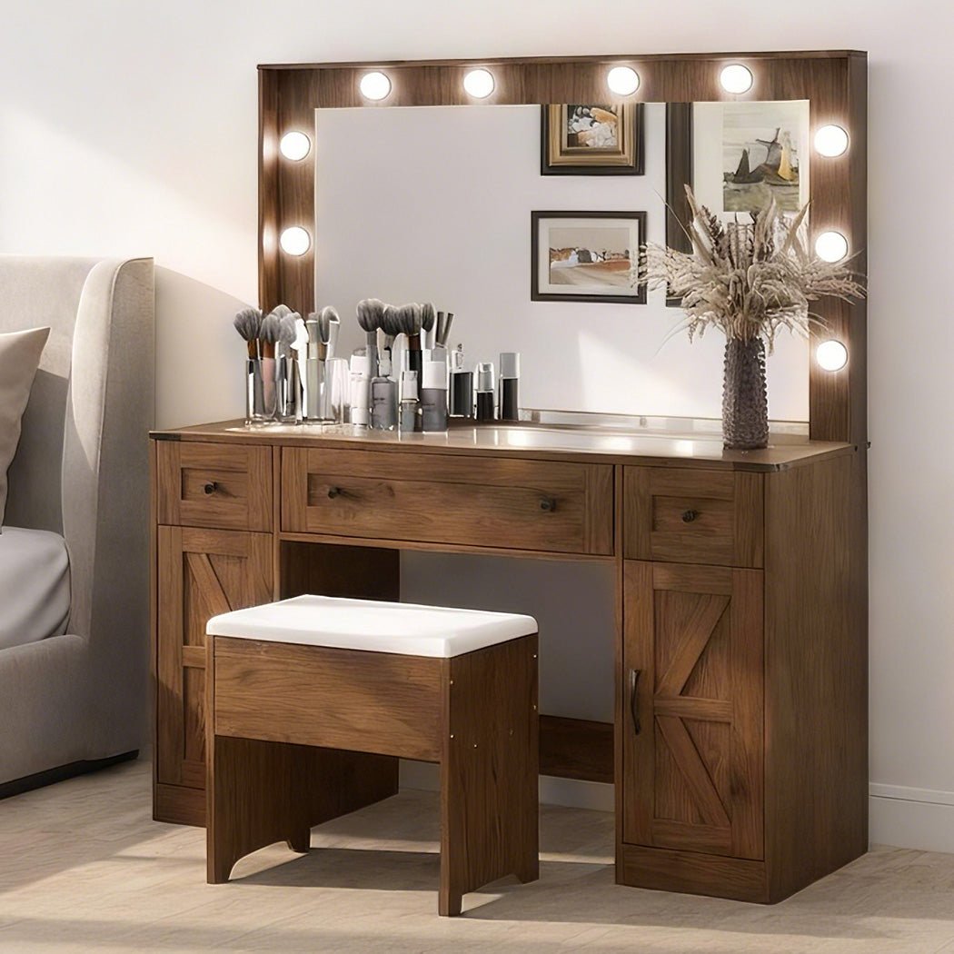 Vanity Dressing Table with LED Makeup Mirror, 3 Drawers & Stool - Vintage Brown - Rivercity House & Home Co. (ABN 18 642 972 209) - Affordable Modern Furniture Australia