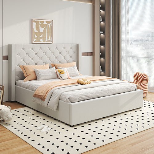 Veronica Double Size Bed Frame with Gas Lift Storage and Winged Seam Grid Headboard - Grey - Furniture > Bedroom > Beds & Bed Frames - Rivercity House & Home Co. (ABN 18 642 972 209) - Affordable Modern Furniture Australia