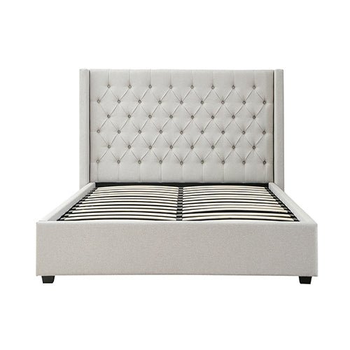 Veronica Queen Size Winged Bed Frame with Gas Lift Storage Seam Grid Pattern - Grey Linen - Furniture > Bedroom > Beds & Bed Frames - Rivercity House & Home Co. (ABN 18 642 972 209) - Affordable Modern Furniture Australia