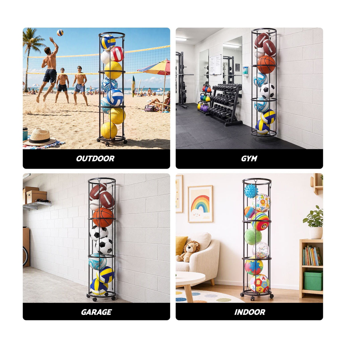 Vertical Ball Storage Rack with Wheels and 3-Tier Organiser - Black - Sports & Fitness > Exercise, Gym & Fitness > Gym Equipment & Accessories - Rivercity House & Home Co. (ABN 18 642 972 209) - Affordable Modern Furniture Australia