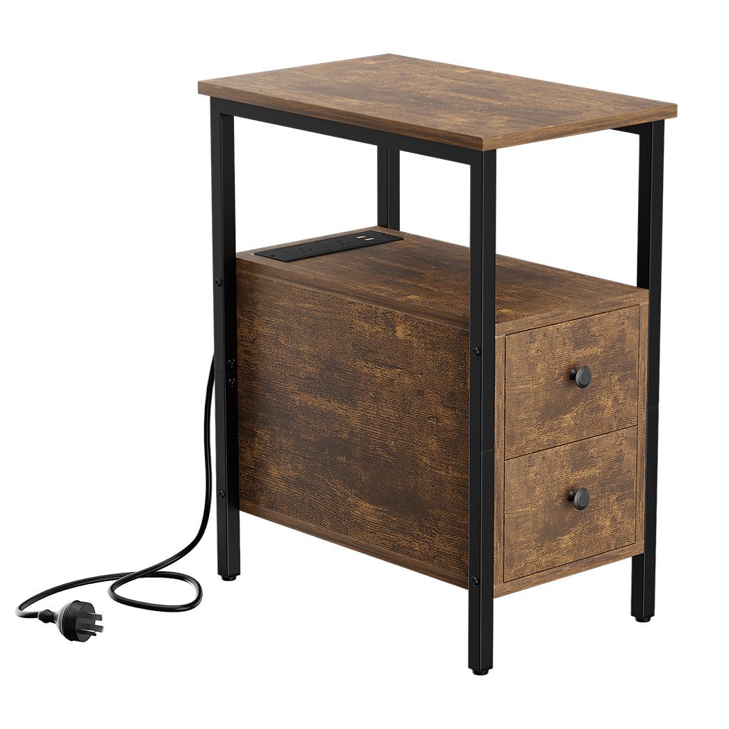 Vintage Narrow Side Table with Charging Station and Drawers - Brown & Black - Rivercity House & Home Co. (ABN 18 642 972 209) - Affordable Modern Furniture Australia