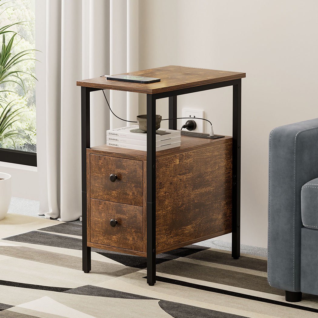 Vintage Narrow Side Table with Charging Station and Drawers - Brown & Black - Rivercity House & Home Co. (ABN 18 642 972 209) - Affordable Modern Furniture Australia