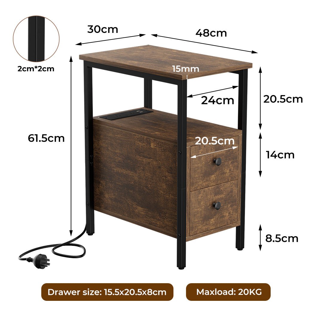 Vintage Narrow Side Table with Charging Station and Drawers - Brown & Black - Rivercity House & Home Co. (ABN 18 642 972 209) - Affordable Modern Furniture Australia
