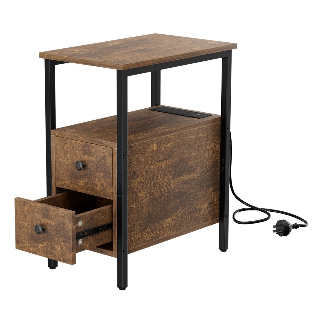 Vintage Narrow Side Table with Charging Station and Drawers - Brown & Black - Rivercity House & Home Co. (ABN 18 642 972 209) - Affordable Modern Furniture Australia