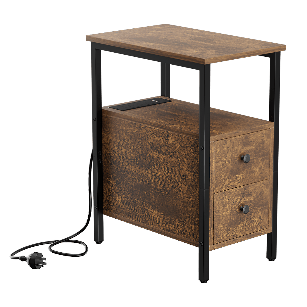 Vintage Narrow Side Table with Charging Station and Drawers - Brown & Black - Rivercity House & Home Co. (ABN 18 642 972 209) - Affordable Modern Furniture Australia