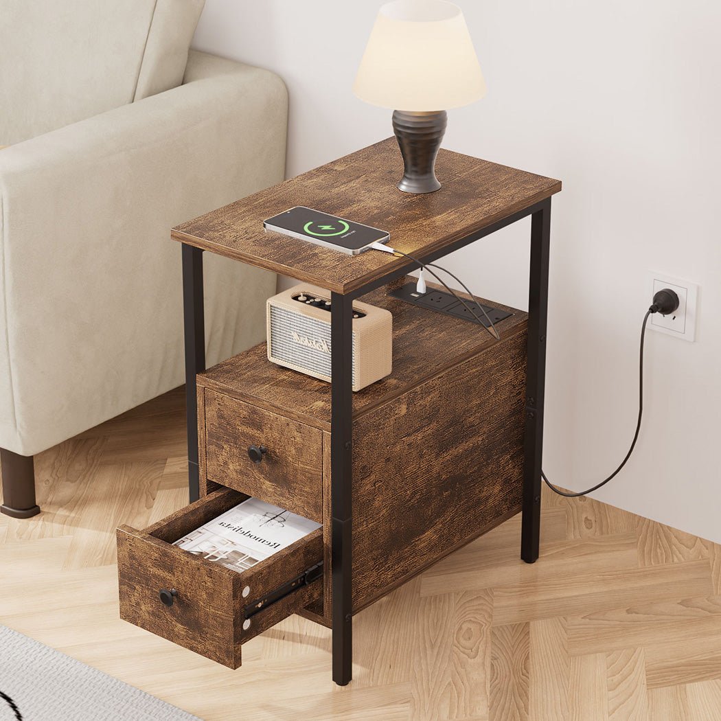 Vintage Narrow Side Table with Charging Station and Drawers - Brown & Black - Rivercity House & Home Co. (ABN 18 642 972 209) - Affordable Modern Furniture Australia