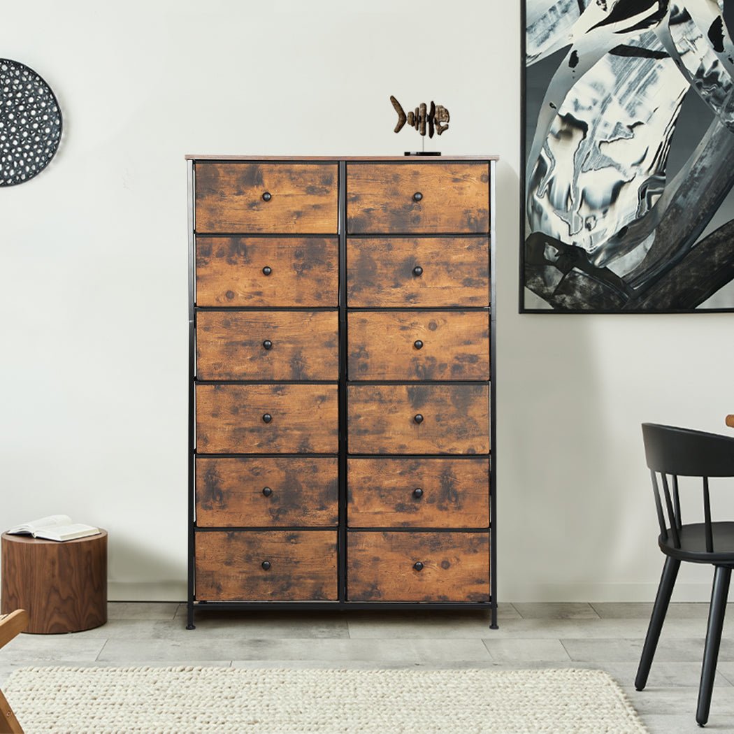 Vintage Storage Cabinet Tower Chest 12 Drawers with Steel Frame - Brown - Rivercity House & Home Co. (ABN 18 642 972 209) - Affordable Modern Furniture Australia