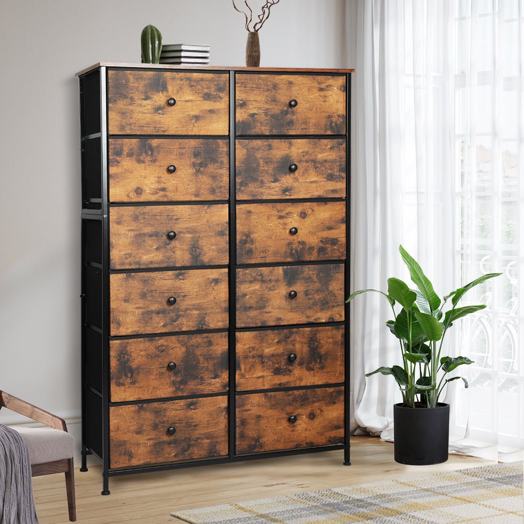 Vintage Storage Cabinet Tower Chest 12 Drawers with Steel Frame - Brown - Rivercity House & Home Co. (ABN 18 642 972 209) - Affordable Modern Furniture Australia