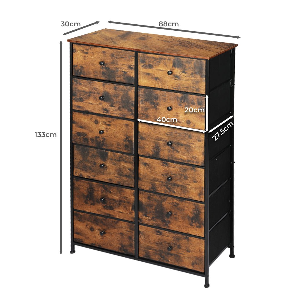 Vintage Storage Cabinet Tower Chest 12 Drawers with Steel Frame - Brown - Rivercity House & Home Co. (ABN 18 642 972 209) - Affordable Modern Furniture Australia
