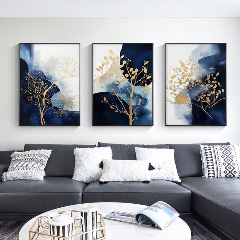 Wall Art 50cmx70cm Navy and Gold Watercolor Shapes 3 Sets Black Frame Canvas - Home & Garden > Wall Art - Rivercity House & Home Co. (ABN 18 642 972 209) - Affordable Modern Furniture Australia