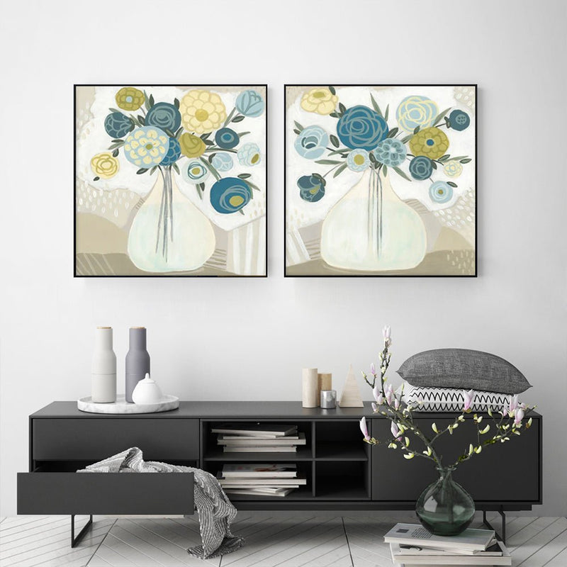 Wall Art 60cmx60cm Blue Bouquet 2 Sets Black Frame Canvas - Home & Garden > Wall Art - Rivercity House & Home Co. (ABN 18 642 972 209) - Affordable Modern Furniture Australia