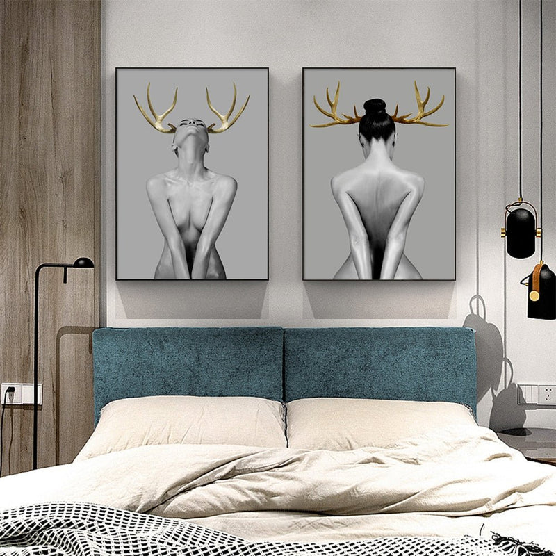 Wall Art 70cmx100cm Girl With Gold Horn 2 Sets Black Frame Canvas - Home & Garden > Wall Art - Rivercity House & Home Co. (ABN 18 642 972 209) - Affordable Modern Furniture Australia