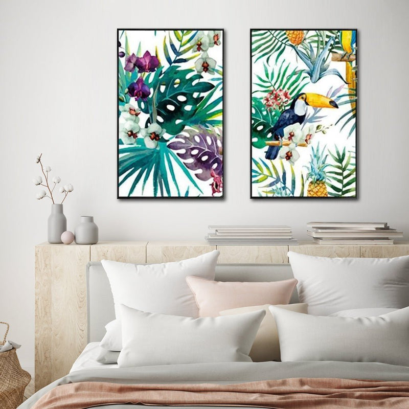 Wall Art 70cmx100cm Toucan and orchid 2 Sets Black Frame Canvas - Home & Garden > Wall Art - Rivercity House & Home Co. (ABN 18 642 972 209) - Affordable Modern Furniture Australia