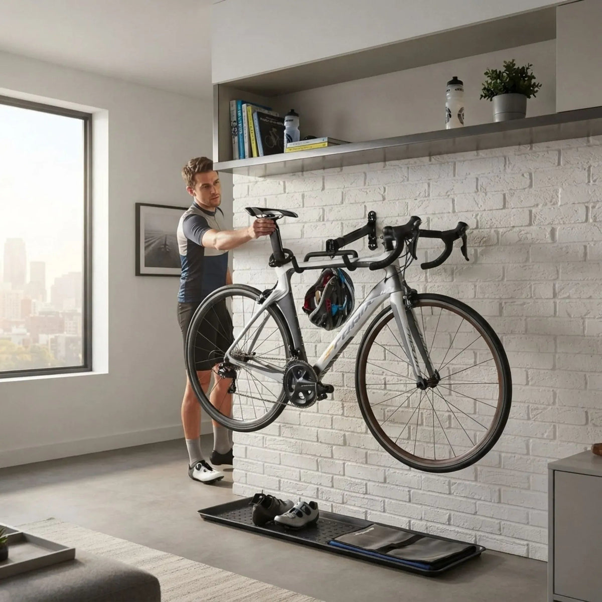 Wall Mount Adjustable Foldable Bike Rack with Helmet Hook - Black - Tools > Tools Storage > Wall Storage Racks - Rivercity House & Home Co. (ABN 18 642 972 209) - Affordable Modern Furniture Australia
