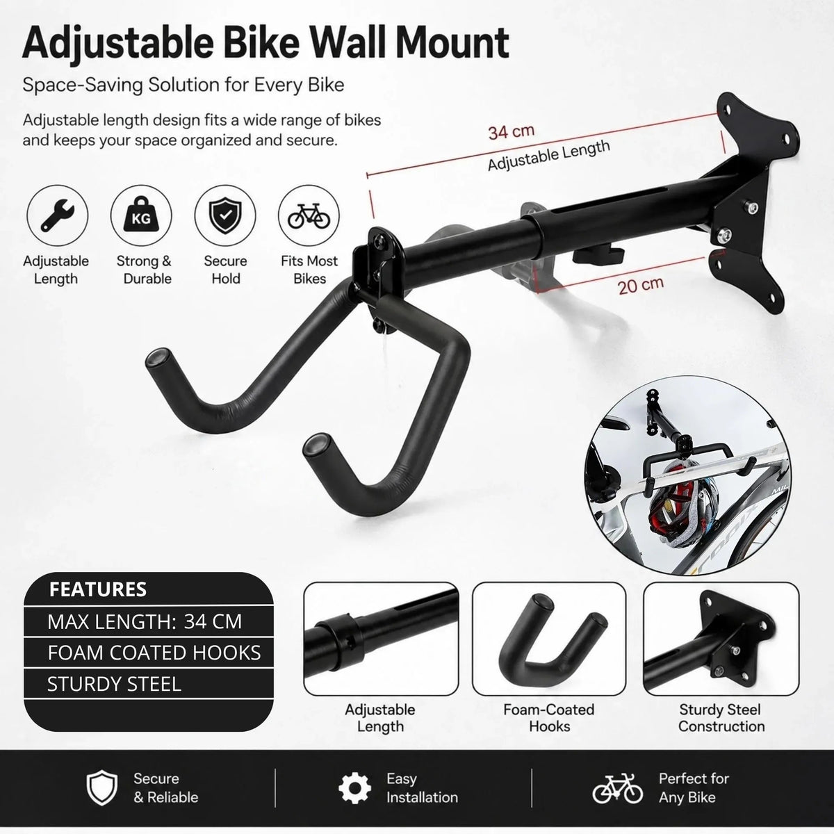 Wall Mount Adjustable Foldable Bike Rack with Helmet Hook - Black - Tools > Tools Storage > Wall Storage Racks - Rivercity House & Home Co. (ABN 18 642 972 209) - Affordable Modern Furniture Australia