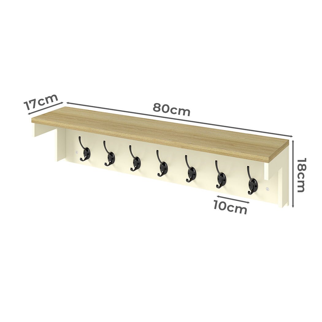 Wall Mounted Coat Rack with 7 Double Hooks and Shelf for Entryway Hallway - Cream Oak - Rivercity House & Home Co. (ABN 18 642 972 209) - Affordable Modern Furniture Australia