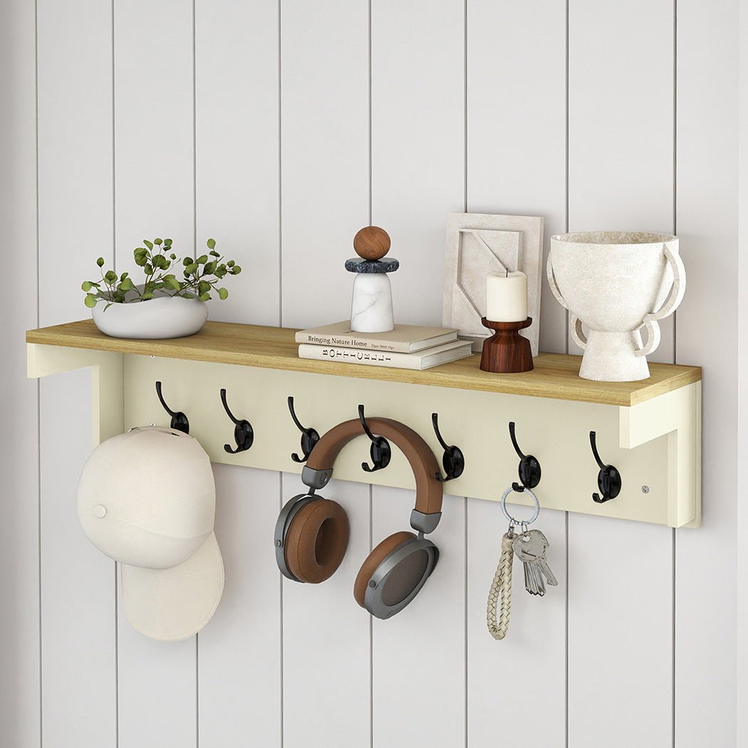 Wall Mounted Coat Rack with 7 Double Hooks and Shelf for Entryway Hallway - Cream Oak - Rivercity House & Home Co. (ABN 18 642 972 209) - Affordable Modern Furniture Australia