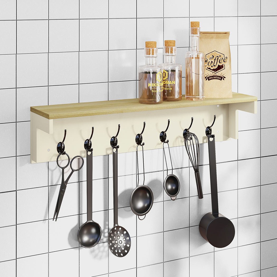 Wall Mounted Coat Rack with 7 Double Hooks and Shelf for Entryway Hallway - Cream Oak - Rivercity House & Home Co. (ABN 18 642 972 209) - Affordable Modern Furniture Australia