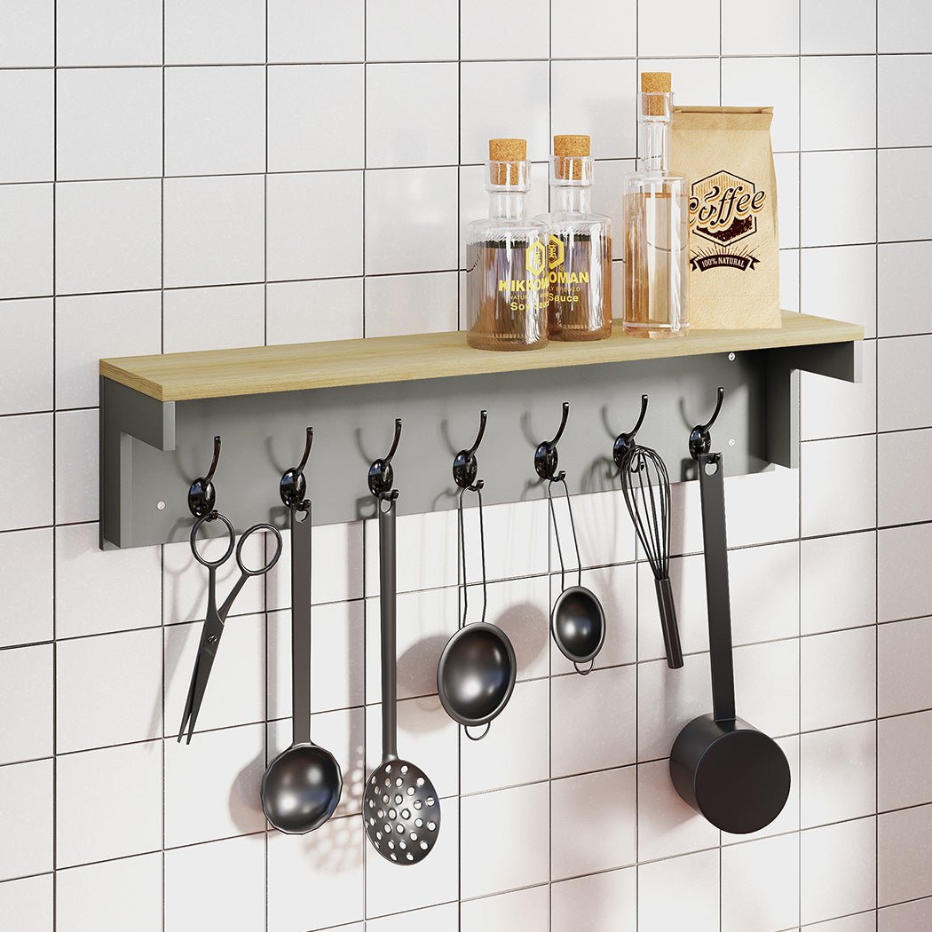 Wall Mounted Coat Rack with 7 Double Hooks and Shelf for Entryway Hallway - Grey - Rivercity House & Home Co. (ABN 18 642 972 209) - Affordable Modern Furniture Australia