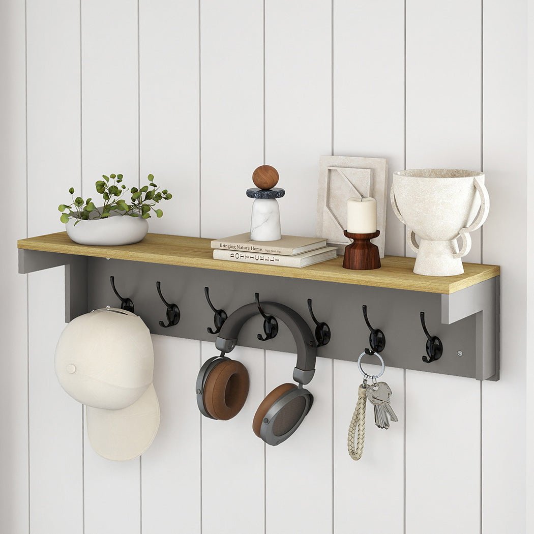 Wall Mounted Coat Rack with 7 Double Hooks and Shelf for Entryway Hallway - Grey - Rivercity House & Home Co. (ABN 18 642 972 209) - Affordable Modern Furniture Australia