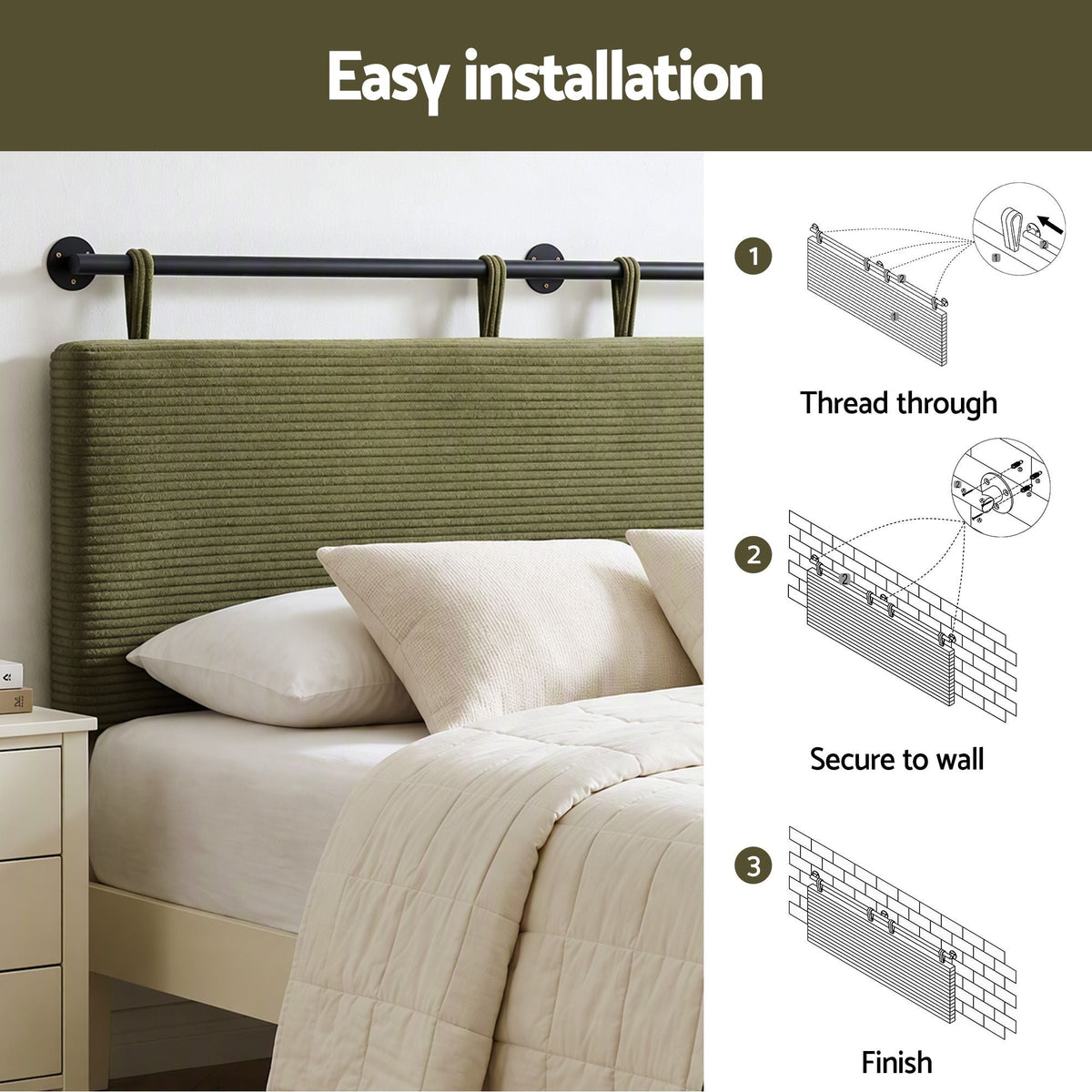 Wall Mounted Double Corduroy Upholstered Headboard - Green - Furniture > Bedroom > Headboards - Rivercity House & Home Co. (ABN 18 642 972 209) - Affordable Modern Furniture Australia