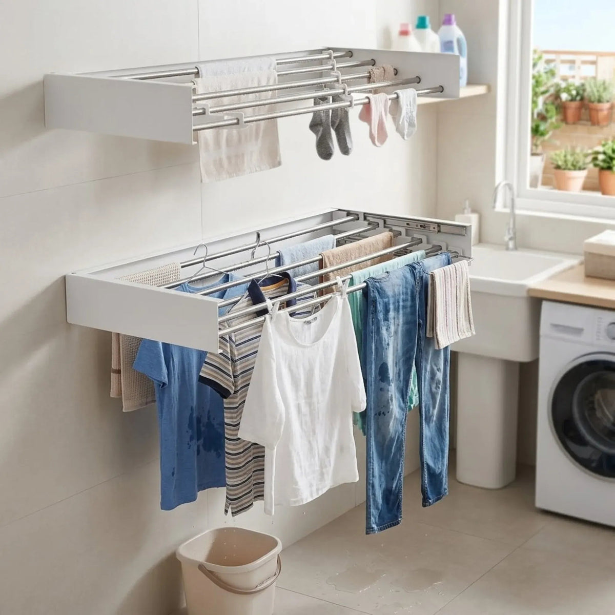 Wall Mounted Foldable Clothes Drying Rack for Balcony and Laundry - White - Home & Garden > Storage > Storage Boxes - Rivercity House & Home Co. (ABN 18 642 972 209) - Affordable Modern Furniture Australia