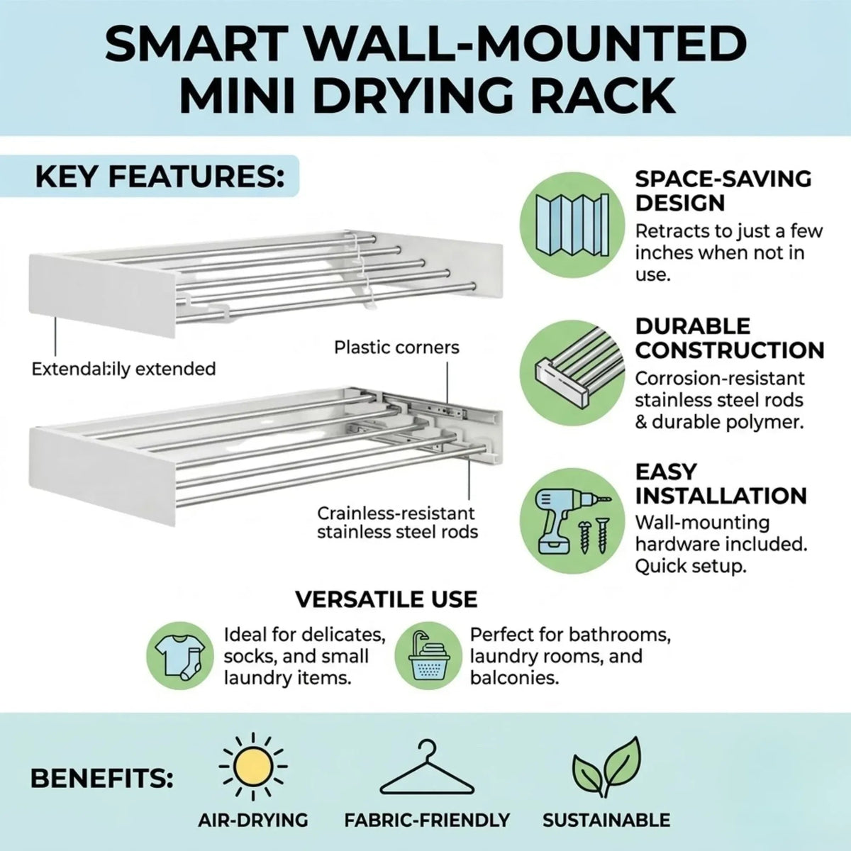 Wall Mounted Foldable Clothes Drying Rack for Balcony and Laundry - White - Home & Garden > Storage > Storage Boxes - Rivercity House & Home Co. (ABN 18 642 972 209) - Affordable Modern Furniture Australia