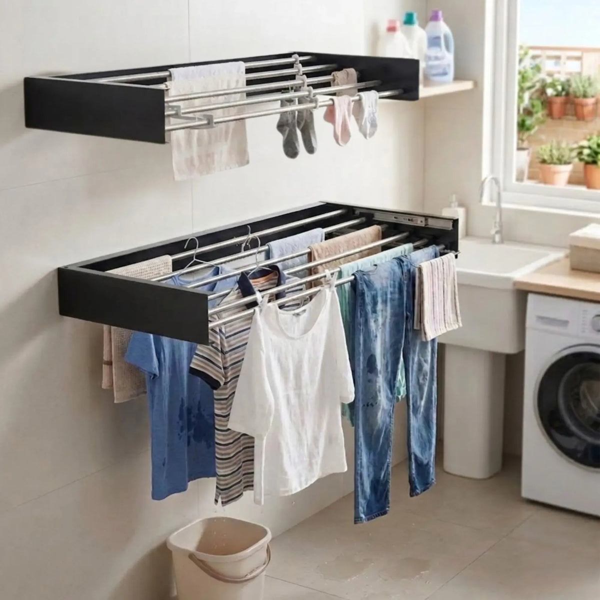 Wall Mounted Foldable Clothes Drying Rack for Balcony - Black - Home & Garden > Storage > Storage Boxes - Rivercity House & Home Co. (ABN 18 642 972 209) - Affordable Modern Furniture Australia