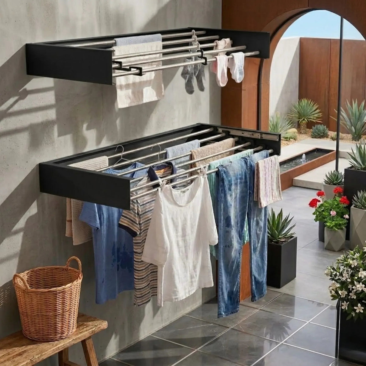 Wall Mounted Foldable Clothes Drying Rack for Balcony - Black - Home & Garden > Storage > Storage Boxes - Rivercity House & Home Co. (ABN 18 642 972 209) - Affordable Modern Furniture Australia