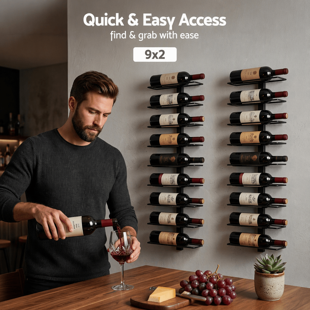 Wall Mounted Wine Rack Holder Set of 2 - 18-Bottle Capacity - Black Metal - Furniture > Dining > Wine Racks - Rivercity House & Home Co. (ABN 18 642 972 209) - Affordable Modern Furniture Australia