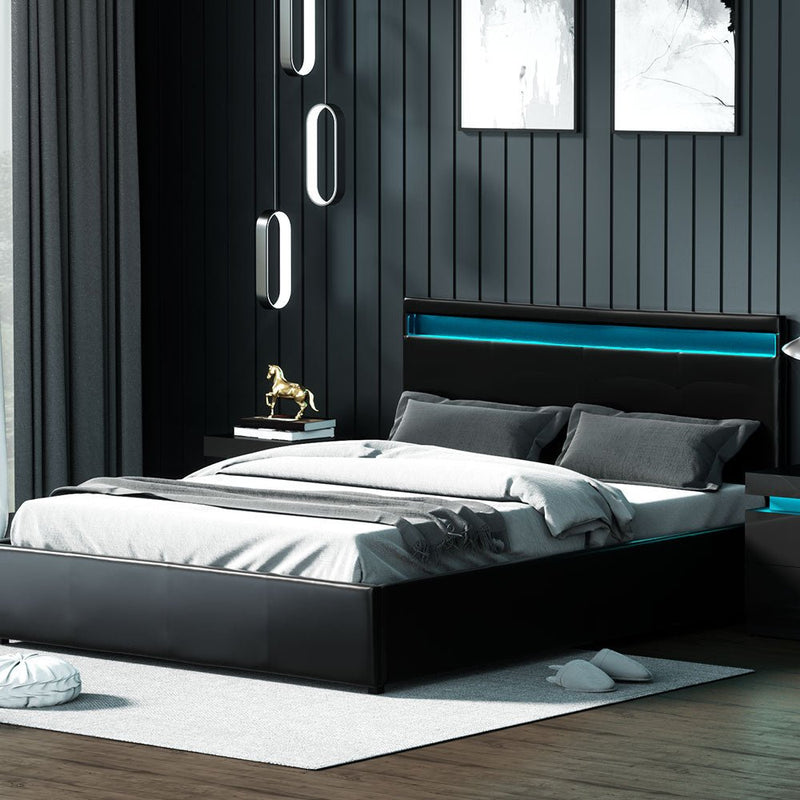 Wanda LED Storage Queen Bed Frame Black - Rivercity House & Home Co. (ABN 18 642 972 209) - Affordable Modern Furniture Australia