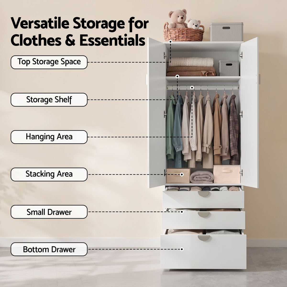 Wardrobe Cabinet with 3 Drawers, Shelf & Hanging Rod for Bedroom Clothes Storage - Home & Garden > Storage > Clothing & Wardrobe Storage - Rivercity House & Home Co. (ABN 18 642 972 209) - Affordable Modern Furniture Australia
