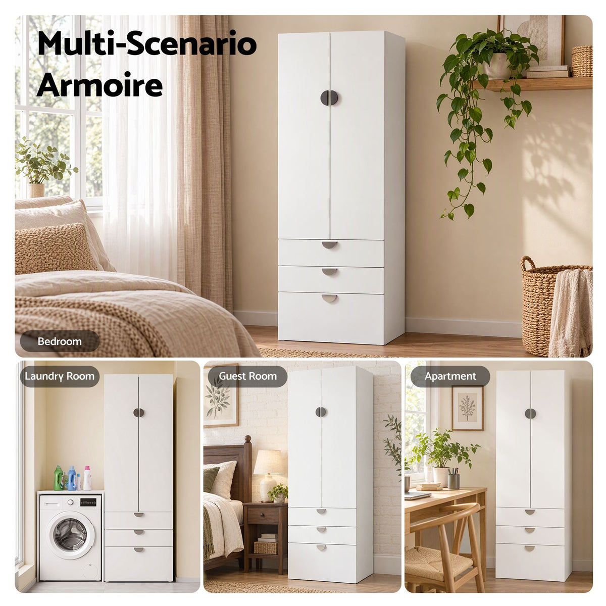 Wardrobe Cabinet with 3 Drawers, Shelf & Hanging Rod for Bedroom Clothes Storage - Home & Garden > Storage > Clothing & Wardrobe Storage - Rivercity House & Home Co. (ABN 18 642 972 209) - Affordable Modern Furniture Australia