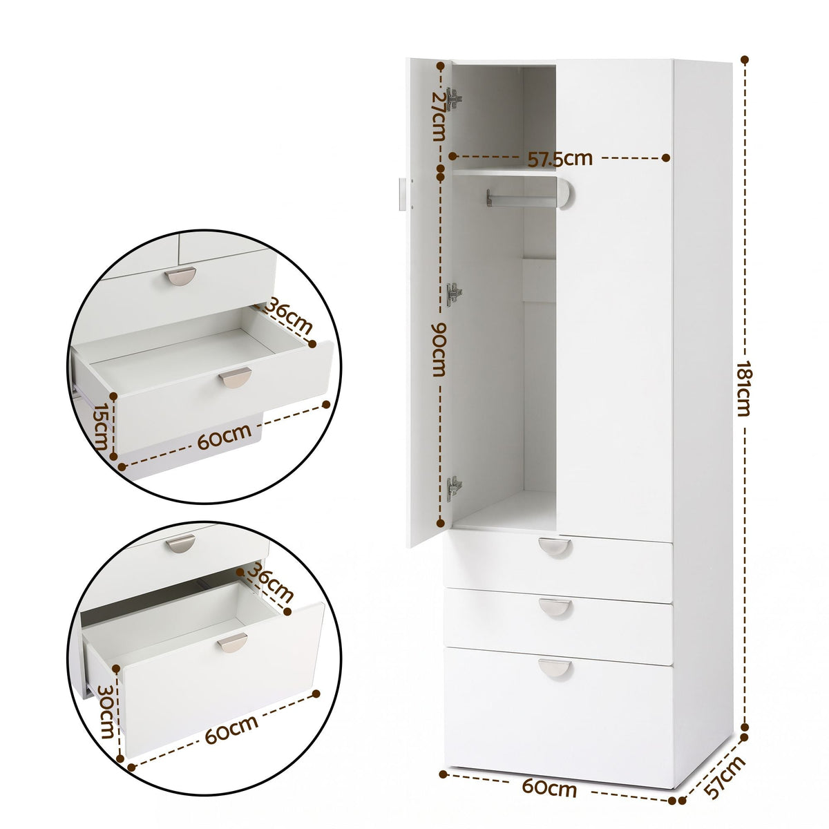 Wardrobe Cabinet with 3 Drawers, Shelf & Hanging Rod for Bedroom Clothes Storage - Home & Garden > Storage > Clothing & Wardrobe Storage - Rivercity House & Home Co. (ABN 18 642 972 209) - Affordable Modern Furniture Australia