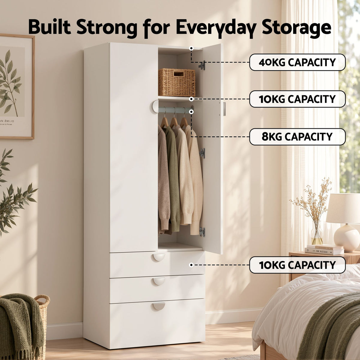 Wardrobe Cabinet with 3 Drawers, Shelf & Hanging Rod for Bedroom Clothes Storage - Home & Garden > Storage > Clothing & Wardrobe Storage - Rivercity House & Home Co. (ABN 18 642 972 209) - Affordable Modern Furniture Australia